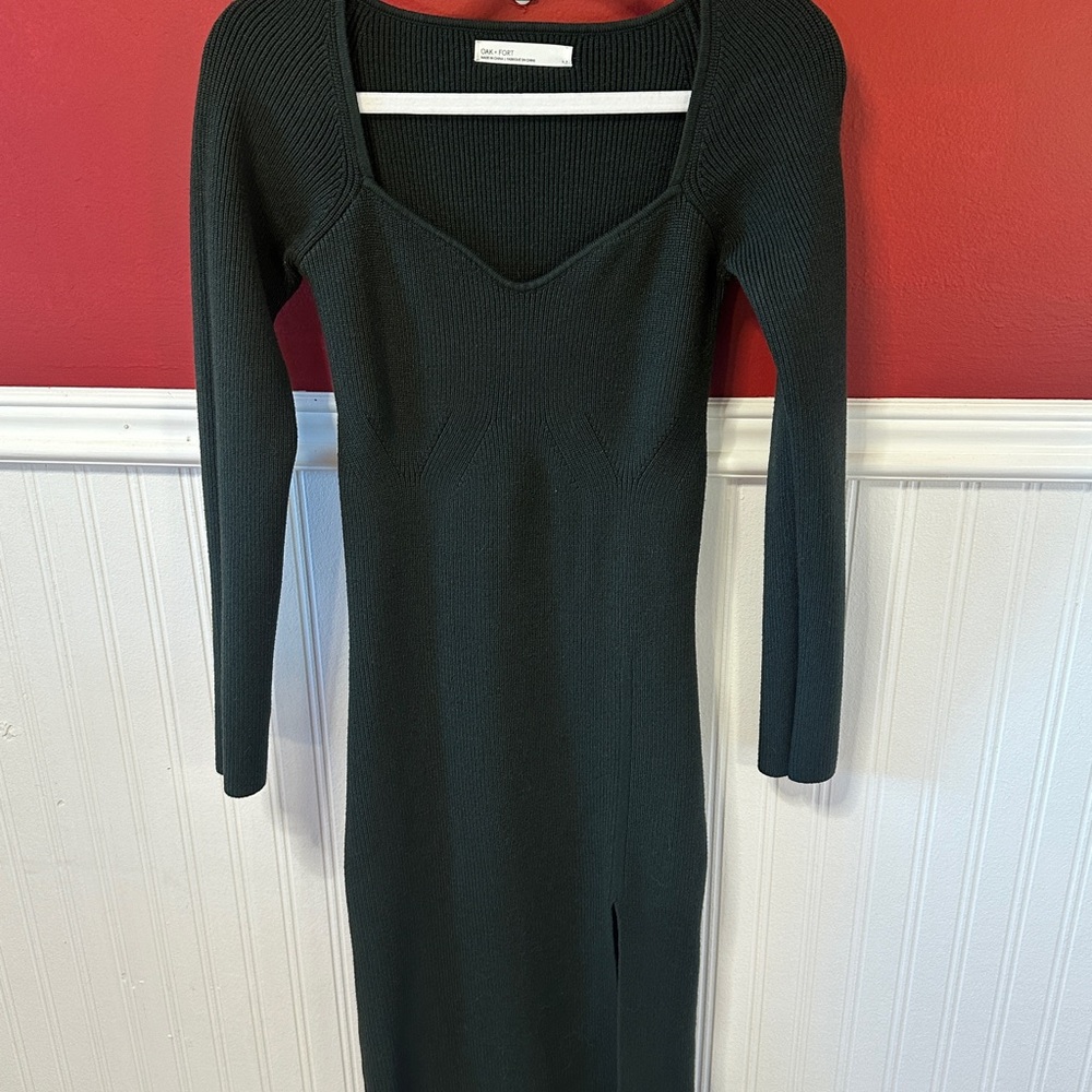 Oak+Fort Dark Green Sweetheart Neckline Sweater Knit Dress